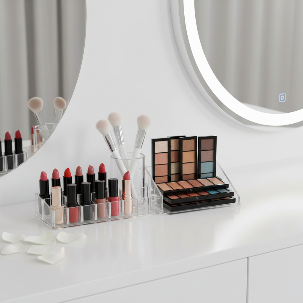 Organizador de maquillaje acrílico transparente con múltiples compartimentos